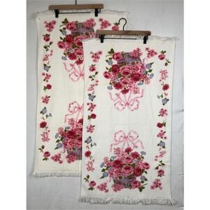 Vintage Fieldcrest Bath‎ Towels Set White Pink Cotton Floral Basket Fringe Trim
